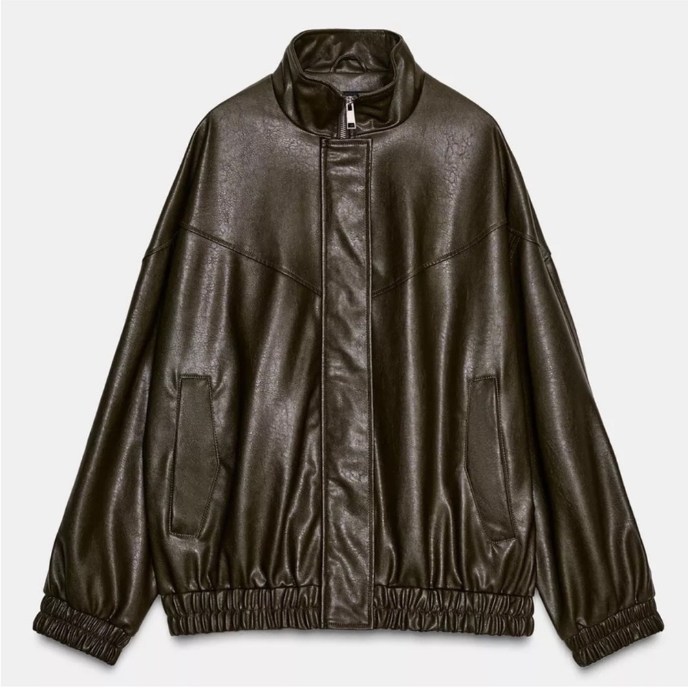 Zara Khaki Faux Leather High Collar Zip Bomber Jacket